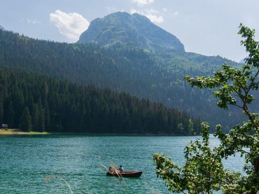 a couple of boats floating on top of a lake