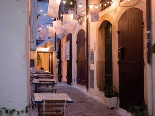 Cozy alley with lights and outdoor seating.